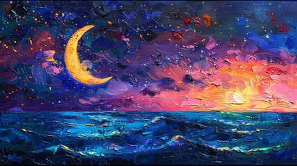 Wall Mural - Abstract, colorful celestial scene with stars and moon, space mysterious theme, oil with palette knife, against a multihued background with theatrical lighting