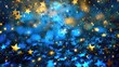 Shimmering glittering blue and yellow stars lit by light festive background
