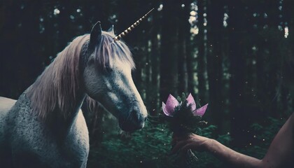 Wall Mural - meeting with a unicorn in an enchanted forest where instead of flowers are crystal