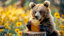 A Bear Eats Honey From A Jar On A Stump Surrounded By Yellow Flowers