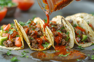 Wall Mural - Mexican flatbread are topped with hot sauce tacos and variety of ingredients, including tomatoes, onions