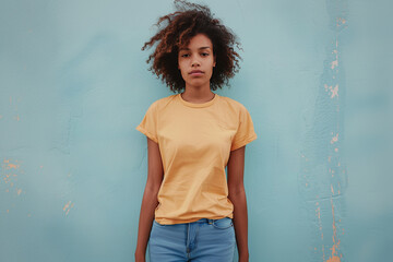 horizontal portrait of a beautiful young black woman standing in front of a blue wall wearing a blank yellow t-shirt, copy space