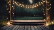 empty wooden stage in the garden decorated with fairy lights prepared for a party 3d render