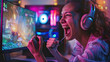 Image of excited girl playing video game on pc