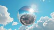 A 3D render of an abstract modern minimal background with white clouds, a chrome metallic mirror ball, and a blue sky with white clouds