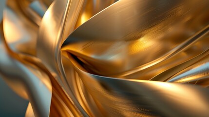 An abstract fashion background with spiral ribbon, paper stripes macro, and golden foil in 3D