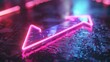 This is a 3D render of an abstract neon arrow turning right. It represents speed and technology, lighted with pink blue lines and bokeh.