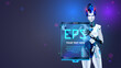 AI or artificial intelligence in the form of a humanoid female robot holds an empty poster or screen template in its hands. Vector. AI bot presents business report. Robot Speaker presentation about AI