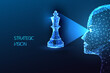 Strategic vision, leadership business strategy futuristic concept with human face and chess piece