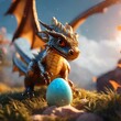 AI generated illustration of a dragon guarding an egg on the floor