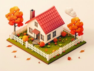 Wall Mural - AI generated illustration of a white picket fence encloses house with trees and leaves