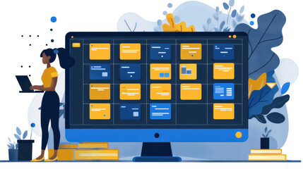 A business developer using a Kanban board on a laptop, optimizing project workflows for Agile software development in business processes.