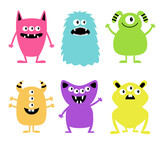 Fototapeta Pokój dzieciecy - Happy Halloween. Monster set. Cartoon kawaii funny boo baby character. Colorful silhouette monsters. Cute different face. Teeth, eyes, horns, hands. Childish style. White background Flat design Vector
