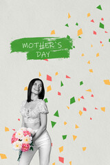 Poster - Creative drawing collage picture of cute young female hold bouquet celebrate mother day postcard bizarre unusual fantasy billboard