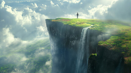 Canvas Print - a person standing on a ledge overlooking a water fall and the sky with clouds