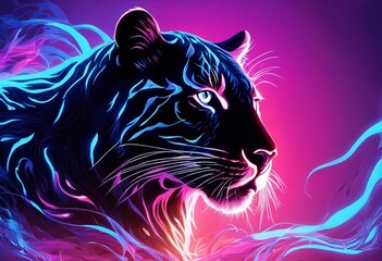 AI generated illustration of a vibrant neon tiger on a purple background