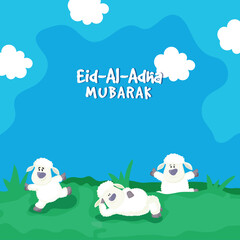 Poster - Eid-Al-Adha Mubarak Concept with Cartoon Sheep on Nature Abstract Background.