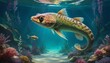 A vividly colored fish glides through an underwater dreamscape, surrounded by lush coral and tranquil ocean blues, encapsulating a serene aquatic life.. AI Generation