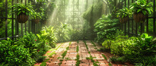 Enchanted Forest Path With Green Foliage, Misty Morning, And Wild Nature, Tranquil Adventure Setting