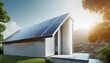 futuristic generic smart home with solar panels rooftop system for renewable energy concepts as wide banner with copyspace area