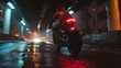 AI generated illustration of a motorcyclist speeding through city streets after dark