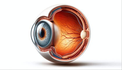 cross-section of a human eye, showcasing the internal structures such as the iris, lens, and retina