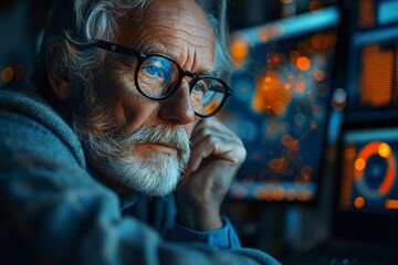 Wall Mural - a man with glasses looking into a computer screen in front of him
