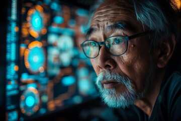 Wall Mural - an older man with glasses and beard using a laptop at night