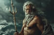 A man with a long white beard of Poseidon, the Greek god of the sea, holds a trident spear held high