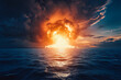 Dramatic explosion of nuclear bomb in ocean, vibrant orange mushroom cloud rising up from the sea