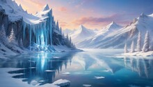 A Breathtaking Frozen Lake Lies Nestled Among Icy Mountains, With Aurora-like Lights And Snow-laden Trees, Conjuring A Scene Of Tranquil Yet Otherworldly Winter Beauty.. AI Generation