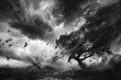 Monochrome Stormscape with Wind-Swept Tree and Debris, Dynamic Sky with Lightning, Artistic Concept