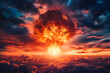 Nuclear explosion. Stormy sky, shock wave against the background of a nuclear fungus in the process of releasing thermal and radiant energy as a result of an uncontrolled nuclear fission