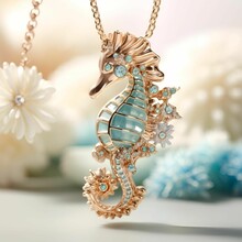 A Sea Horse Pendant On A Metallic Chain With Decorative Crystals Embedded Throughout Its Body