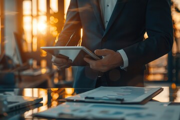 Blurry Image Businessman Using Tablets and Smartphone in Modern Office