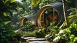An arcology in a lush tropical environment, designed to blend in with the natural surroundings while providing a comfortable living space,