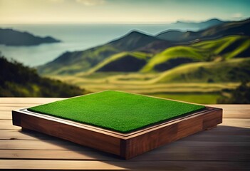 Wall Mural - a vibrant green field in the foreground and majestic mountains in the background