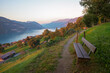 lookout place Buel with bench, hiking destination Krattigen, at sunset