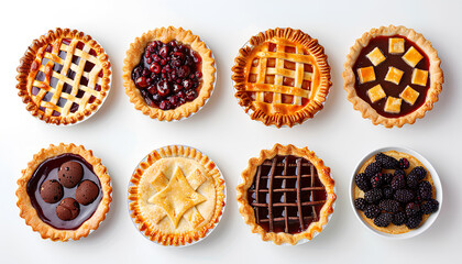 Set of different tasty pies on white background, top view