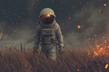 Wall Mural - Ethereal Journey: Astronaut Roaming Starlit Meadow