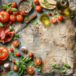 Tomatoes with basil, salami and olive oil on rustic kitchen table with knife and seasoning, top view. Italian food concept