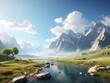 AI generated illustration of a landscape with mountains, sky, lush green and rocky terrain