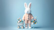 Cute Easter bunny with flower on pastel color background. Happy Easter concept.