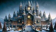 AI-generated Illustration Of A Fantasy Castle Decorated With Christmas Trees And Ornaments