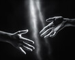 Two hands reaching towards each other in a dark void, with a single beam of light between them, illustrating hope in darkness