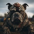 AI generated illustration of a canine companion wearing a steampunk-style collar with metal chain