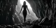 AI-generated illustration of A young female explorer standing in the entrance of a dark cave