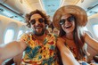 © MD Media - A happy couple taking selfie photo on airplane, Happy tourist taking selfie inside airplane - Cheerful couple on summer vacation - Passengers boarding on plane - Holidays and transportation concept
