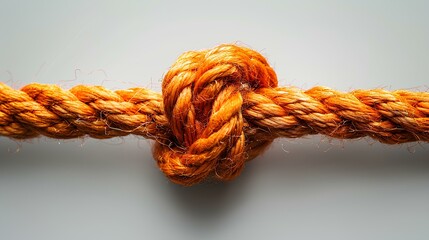 Orange rope with knot isolated on white background with shadow. Orange thick string with rope in the middle. Shoe lace string