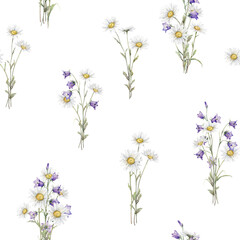 Wall Mural - Seamless pattern Watercolor Daisy and bluebell. Hand drawn illustration of Chamomile and little violet bell. bouquet of white blossom flowers on isolated background. Drawing botanical paint wildflower